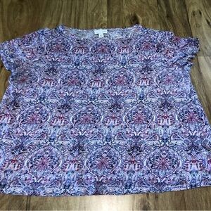J Jill Love Linen Short Sleeve T Shirt Pink Purple Bohemian Pattern Size 1X Crop
